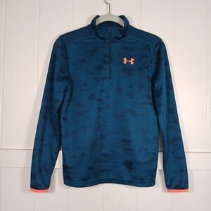 Under Armour Kids Teal Blue Orange HeatGear Quarter Zip Pullover Youth Large Geo
